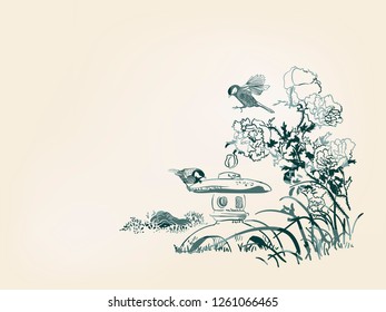 poppy flower toro bird nature landscape view vector sketch illustration japanese chinese oriental line art ink card background