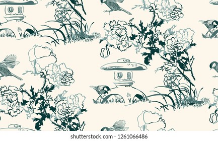 poppy flower toro bird nature landscape view vector sketch illustration japanese chinese oriental line art ink seamless pattern