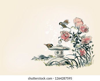 poppy flower toro bird nature landscape view vector sketch illustration japanese chinese oriental line art ink card background