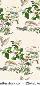 poppy flower toro bird nature landscape view vector sketch illustration japanese chinese oriental line art ink seamless pattern