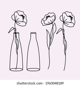 Poppy flower in a vase line style vector illustration.