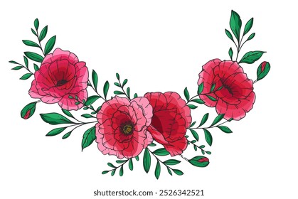 Poppy Flower Vector Illustration. Red Poppies on white background. Remembrance day design. Botanical Background trendy colorful wildflowers. Hand drawn floral background template. Poppy Bouquet. 