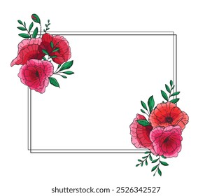 Poppy Flower Vector Illustration. Red Poppies on white background. Remembrance day design. Botanical Background trendy colorful wildflowers. Hand drawn floral background template. Poppy Bouquet. 