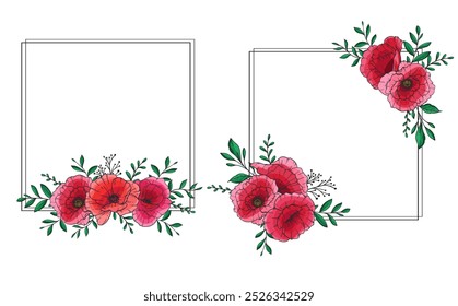 Poppy Flower Vector Illustration. Red Poppies on white background. Remembrance day design. Botanical Background trendy colorful wildflowers. Hand drawn floral background template. Poppy Bouquet. 