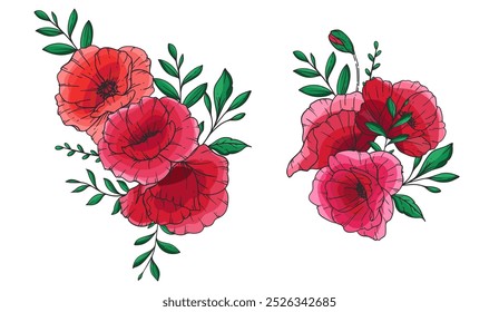 Poppy Flower Vector Illustration. Red Poppies on white background. Remembrance day design. Botanical Background trendy colorful wildflowers. Hand drawn floral background template. Poppy Bouquet. 