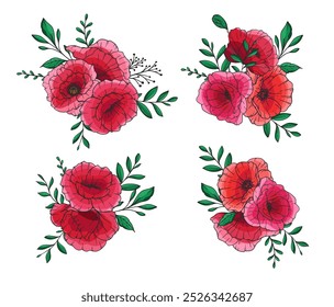 Poppy Flower Vector Illustration. Red Poppies on white background. Remembrance day design. Botanical Background trendy colorful wildflowers. Hand drawn floral background template. Poppy Bouquet. 