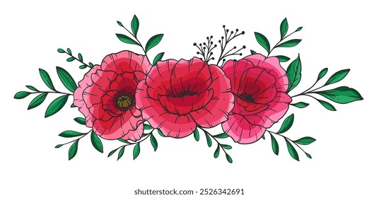 Poppy Flower Vector Illustration. Red Poppies on white background. Remembrance day design. Botanical Background trendy colorful wildflowers. Hand drawn floral background template. Poppy Bouquet. 