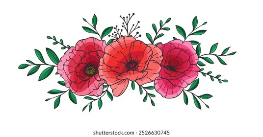 Poppy Flower Vector Illustration. Red Poppies on white background. Remembrance day design. Botanical Background trendy colorful wildflowers. Hand drawn floral background template. Poppy Bouquet. 