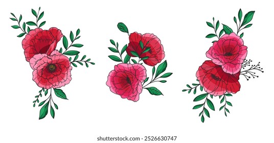 Poppy Flower Vector Illustration. Red Poppies on white background. Remembrance day design. Botanical Background trendy colorful wildflowers. Hand drawn floral background template. Poppy Bouquet. 