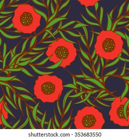 Poppy flower vector seamless pattern. Hand drawn doodle ink floral textile fabric print. Red poppies and green branch leaves natural design on dark blue background.