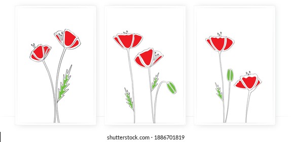 Poppy flower, vector. Three pieces poster design. Minimalist art design, wall artwork. Poppy flower illustration isolated on white background