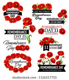 Poppy flower wreath for Remembrance Day design. British legion red poppy flower icon with memorial black ribbon for World War soldier and veteran Memory Day template