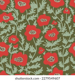 poppy flowers abstract shapes vector seamless pattern. Matisse minimal style. Floral botanical contemporary background