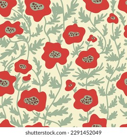 poppy flowers abstract shapes vector seamless pattern. Matisse minimal style. Floral botanical contemporary background