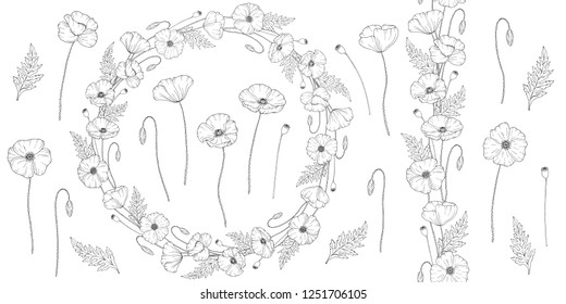 Poppy flowers. Papáver. Big set of elements for design. Seamless brush. Botanical wreath. Hand drawn vector illustration. Monochrome black and white ink sketch. Line art. Isolated on white background.