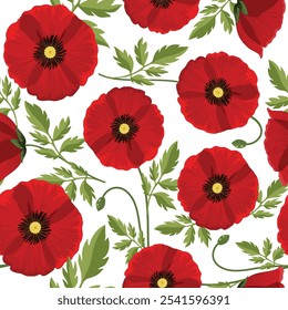 Poppy Flowers blooming joyful spring and summer vector seamless repeat pattern illustration
