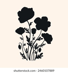 Poppy flowers bouquet silhouette isolated on white background. Poppies flowers bunch silhouettes