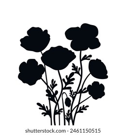 Poppy flowers bouquet silhouette isolated on white background. Poppies flowers bunch silhouettes