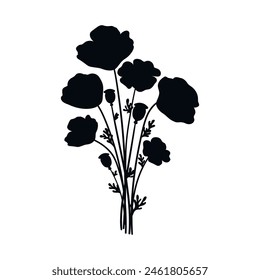 Poppy flowers bouquet silhouette isolated on white background. Poppies flowers bunch silhouettes