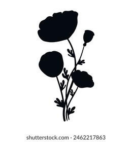 Poppy flowers bouquet silhouette isolated on white background. Poppies flowers bunch silhouettes