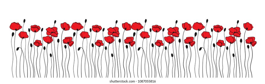 Poppy flowers and buds. Borders ornaments. Floral pattern in black and red.