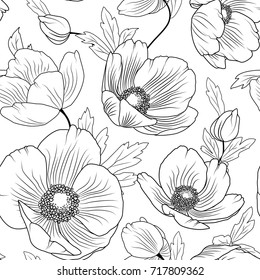 Poppy flowers buds leaves. Seamless floral pattern texture. Detailed black outline drawing on white background. Meadow field nature. Botanical vector design illustration.
