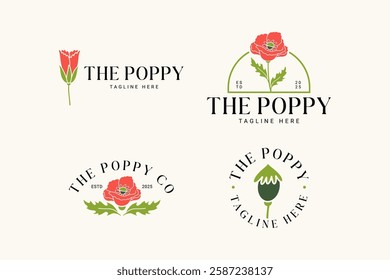 poppy flowers, buds, petals with leaves minimalist logo design. several stems of poppies with leaves silhouette logo concept. feminine poppy flower logo set for beauty care, cosmetic, boutique