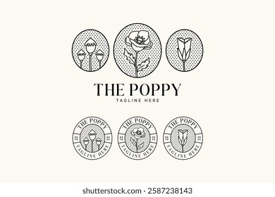 poppy flowers, buds, petals with leaves line art vintage logo design. simple several stems of poppies with leaves badge logo concept. feminine poppy flower logo for beauty care, cosmetic, boutique