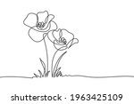 Poppy flowers in continuous line art drawing style. Doodle floral border with two flowers blooming among grass. Minimalist black linear design isolated on white background. Vector illustration