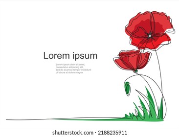 Poppy flowers in continuous line art drawing style. Minimalist black linear design isolated on white background. Vector illustration with quote template.