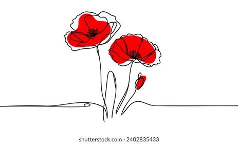 Poppy flowers in continuous line art drawing style. Doodle floral border with two flowers blooming among grass. Minimalist black linear design isolated on white background. Vector illustration