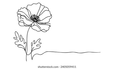 Poppy flowers in continuous line art drawing style. Doodle floral border with two flowers blooming among grass. Minimalist black linear design isolated on white background. Vector illustration