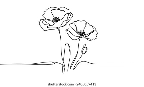 Poppy flowers in continuous line art drawing style. Doodle floral border with two flowers blooming among grass. Minimalist black linear design isolated on white background. Vector illustration