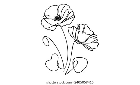 Poppy flowers in continuous line art drawing style. Doodle floral border with two flowers blooming among grass. Minimalist black linear design isolated on white background. Vector illustration