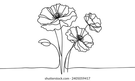 Poppy flowers in continuous line art drawing style. Doodle floral border with two flowers blooming among grass. Minimalist black linear design isolated on white background. Vector illustration