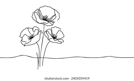 Poppy flowers in continuous line art drawing style. Doodle floral border with two flowers blooming among grass. Minimalist black linear design isolated on white background. Vector illustration