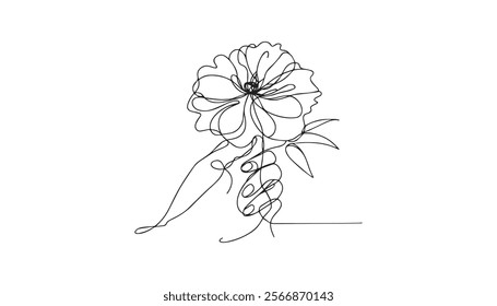 Poppy flowers in continuous line art drawing style. Doodle floral border with two flowers blooming among grass. Minimalist black linear design isolated on white background. Vector illustration