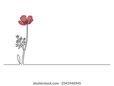 Poppy flowers continuous one line art drawing style. Minimalist black linear design isolated on white background. Vector illustration