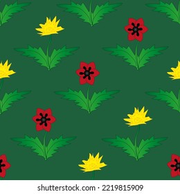 Poppy flowers and dandelion seamless pattern on green background. Floral print for wallpaper and bed linen. Nature backdrop.