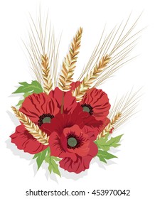 Poppy flowers and ear of wheat. Vector illustration. Floral summer background with red poppy flowers.. Natural floral template for greeting card, invitation, backgrounds, frames