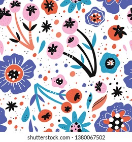 Poppy flowers flat hand drawn vector seamless pattern. Naive inflorescences, leaves, berries. Decorative blossom, blooming vintage backdrop. Wrapping paper, textile, background retro color design
