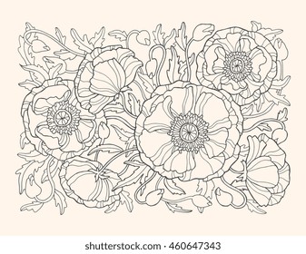Poppy flowers, floral pattern background. Vector artwork. Zentangle. Coloring book page for adult. Love bohemia concept for invitation, card, ticket, branding. Black and beige colors