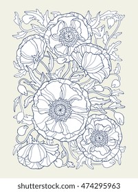 Poppy flowers, floral pattern background. Vector artwork. Love bohemia concept for invitation, card, ticket, branding. Monochrome dark grey blue, beige color
