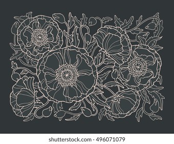 Poppy flowers, floral pattern background. Vector botany artwork. Zentangle poppies. Love bohemia concept for invitation, card, ticket, branding. Monochrome dark grey, beige, pink lines