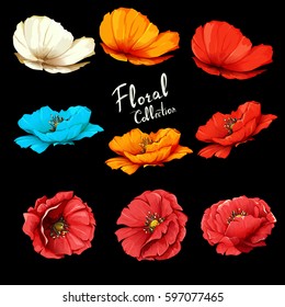 Poppy flowers. Illustration of three different poppy buds on black. Can be used in design purposes. Watercolor. Hand drawn. Vector - stock.