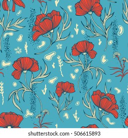 Poppy flowers with leaves pattern on a blue background. Vector - 4 colors.