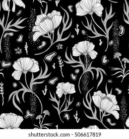 Poppy flowers with leaves pattern on a black background. Vector - 4 colors.