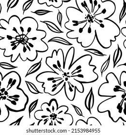 Poppy flowers line art seamless pattern. Minimalist contour hand drawing. Simple black botanical illustration. Decorative plants, buds and leaves. Decorative beauty elegant vector pattern.