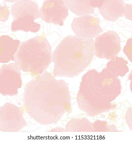 Poppy flowers on abstract watercolor splashes background. Floral vector seamless pattern with hand drawn  flowers.