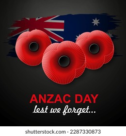 Poppy flowers on a black background with Australia flag. Anzac Day. EPS10 vector